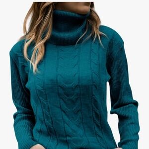 Cable-Knit Teal Turtleneck Sweater